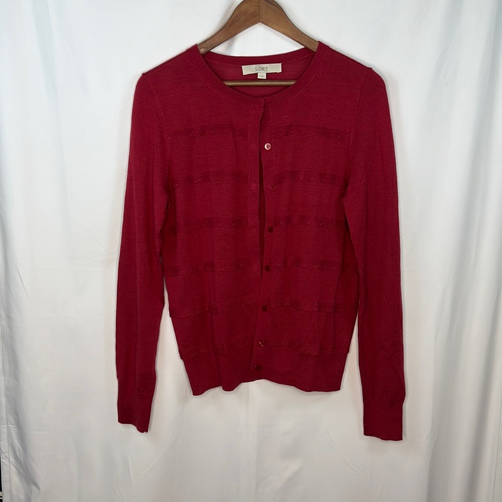 Loft scalloped stripe button cardigan berry red medium
